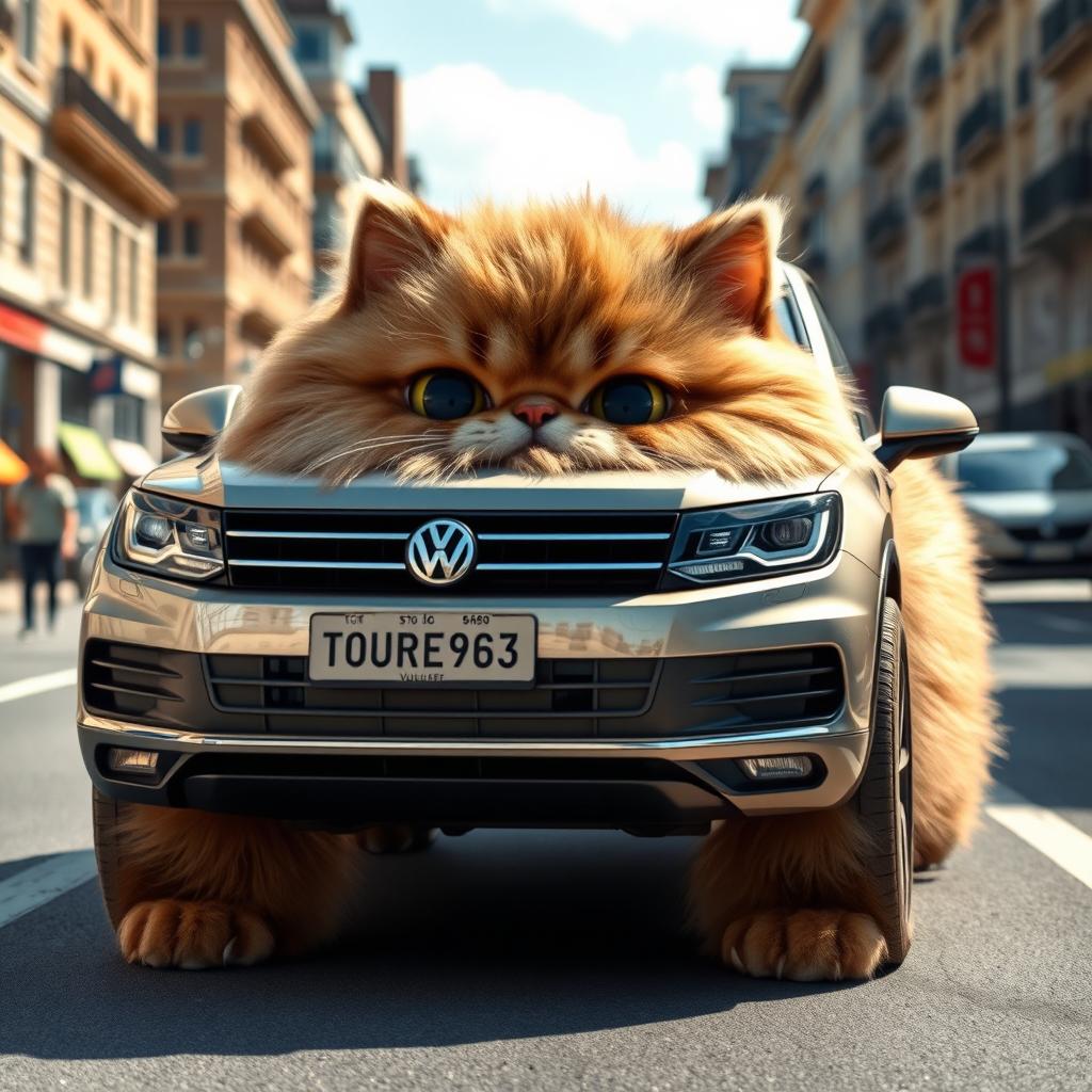 A whimsical and imaginative depiction of a Volkswagen Touareg car transformed into a fluffy cat