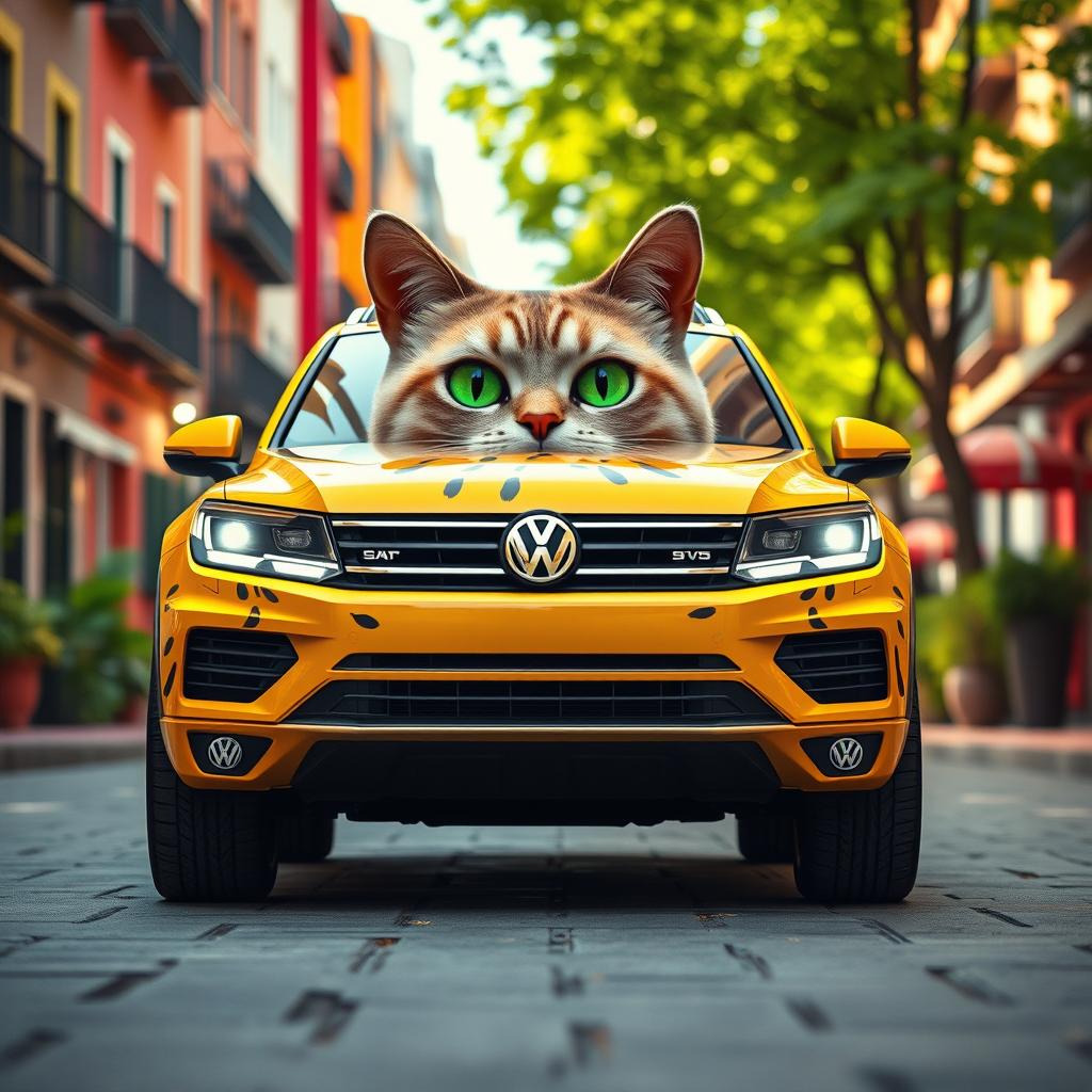 A whimsical and imaginative scene featuring a cat creatively transformed into a Volkswagen Touareg car