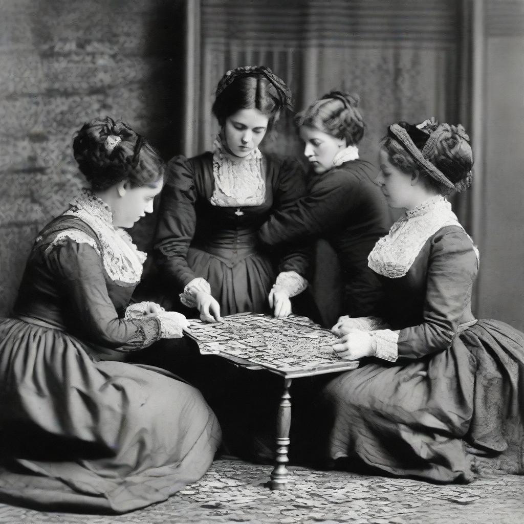 Women from the Victorian age, identified as sex workers, involved in a communal act of assembling a complex jigsaw puzzle, dressed in period attire.