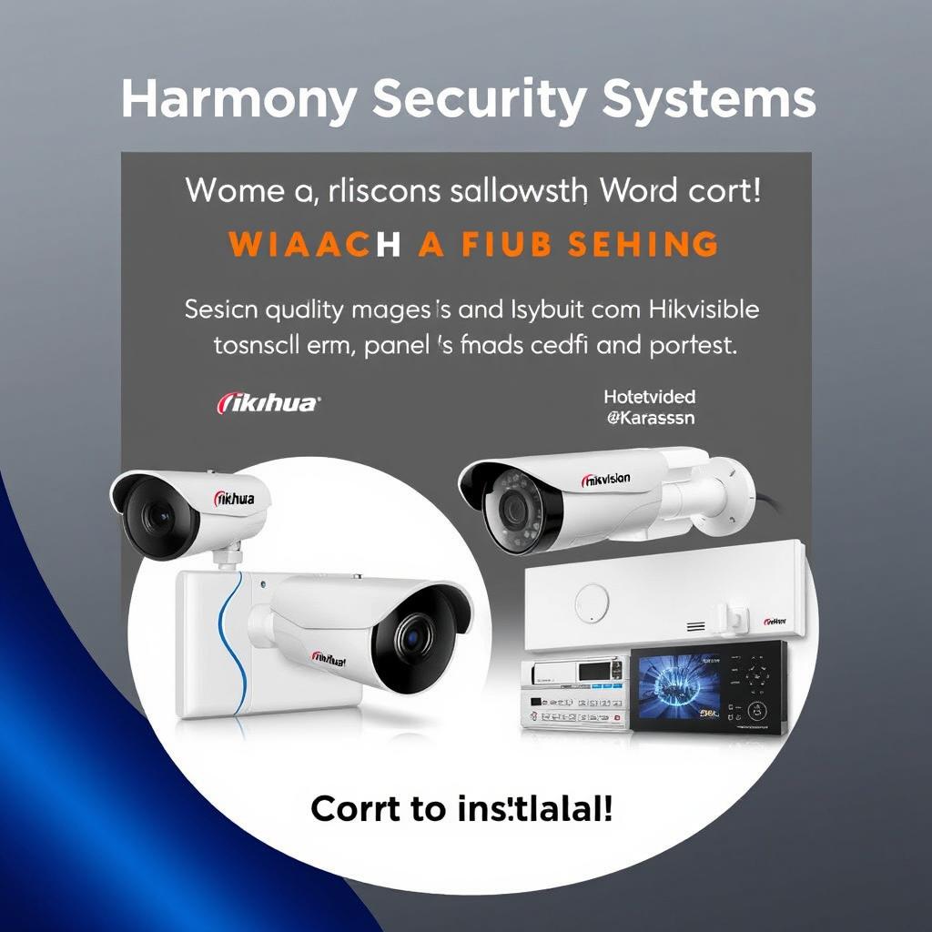 An advertisement for Harmony Security Systems showcasing high-quality images of security cameras from Dahua and Hikvision, as well as alarm panels from Karassn and Teknim