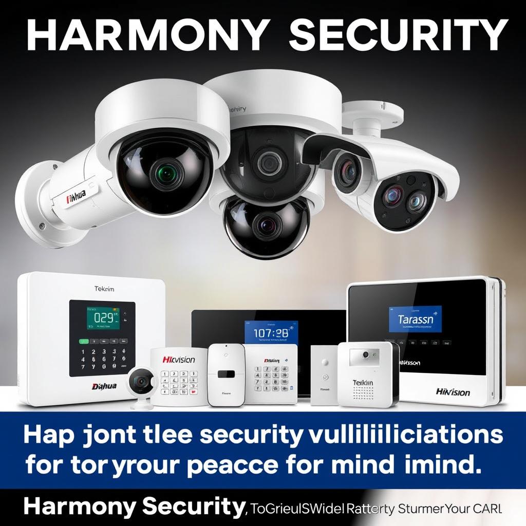 An advertisement for Harmony Security, showcasing modern security systems