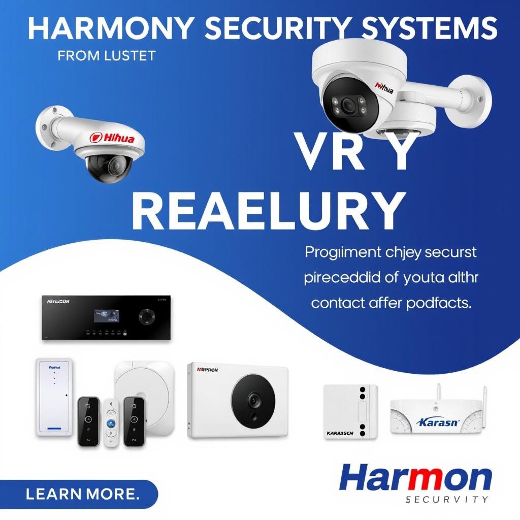 An advertisement for Harmony Security Systems featuring pictures of security cameras from brands Dahua and Hikvision, along with alarm panels from Karassn and Teknim