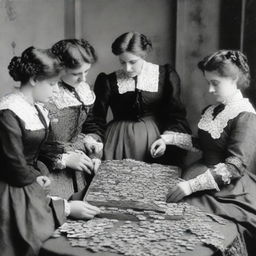 Women from the Victorian age, identified as sex workers, involved in a communal act of assembling a complex jigsaw puzzle, dressed in period attire.