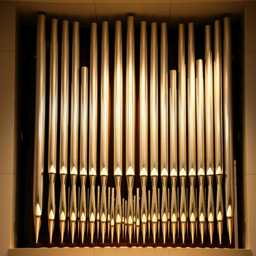 A stunning arrangement of 56 organ pipes lined up in a row, showcasing a beautiful gradient in size