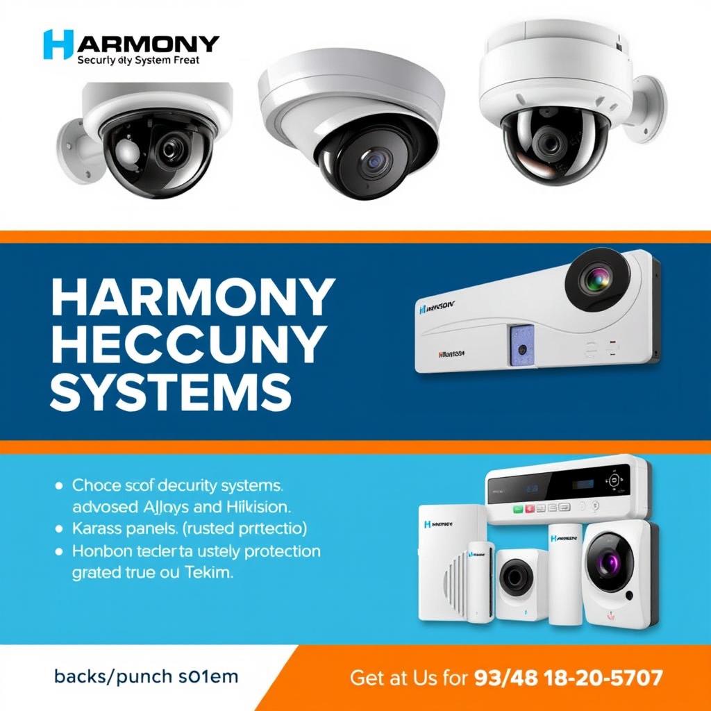 An advertisement for Harmony Security Systems that features striking images of security cameras from brands Dahua and Hikvision, alongside alarm panels from Karassn and Teknim