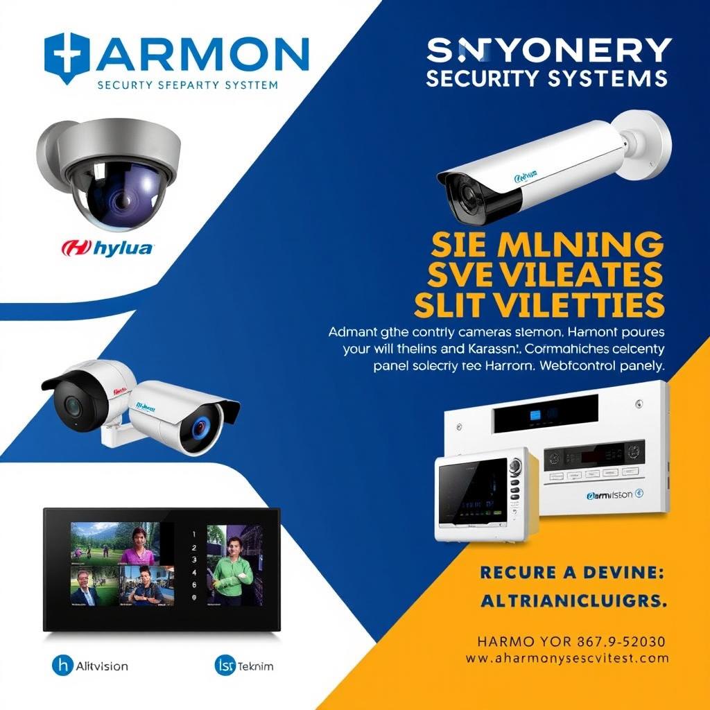 An advertisement for Harmony Security Systems that features stunning images of security cameras from Dahua and Hikvision, alongside alarm control panels from Karassn and Teknim