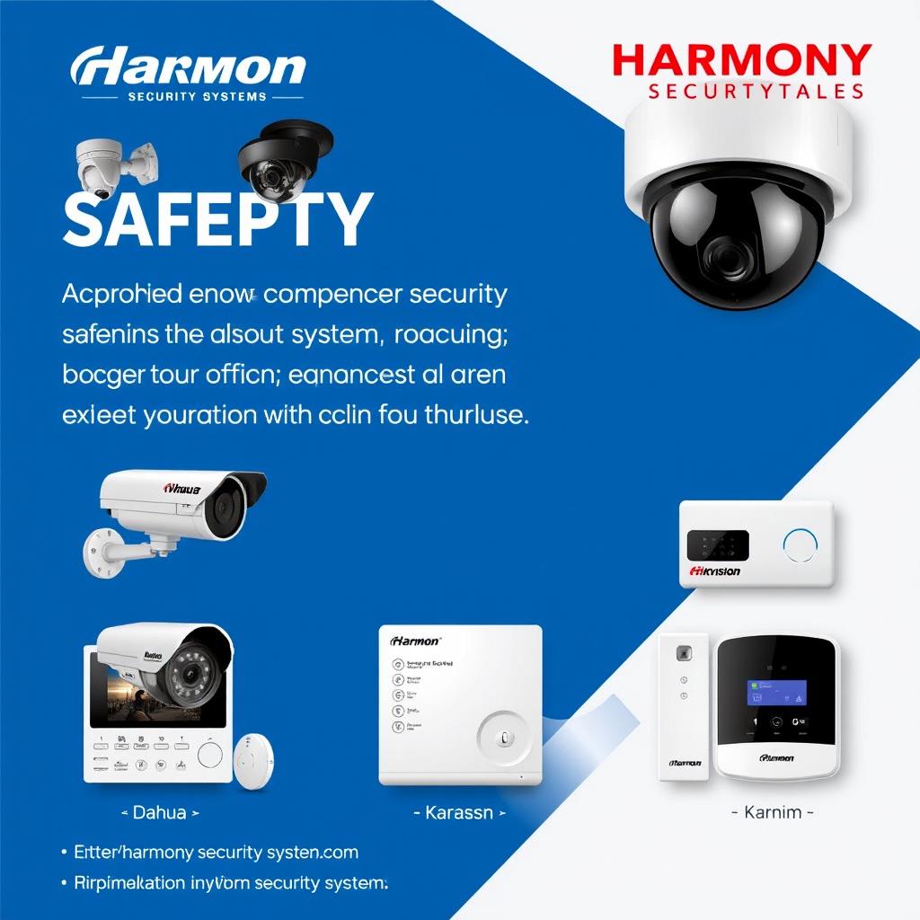 An advertisement for Harmony Security Systems featuring images of security cameras from Dahua and Hikvision, alongside alarm panels from Karassn and Teknim
