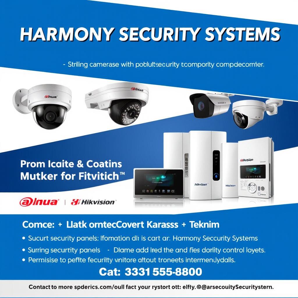 An advertisement for Harmony Security Systems featuring striking images of security cameras from Dahua and Hikvision, combined with alarm control panels from Karassn and Teknim