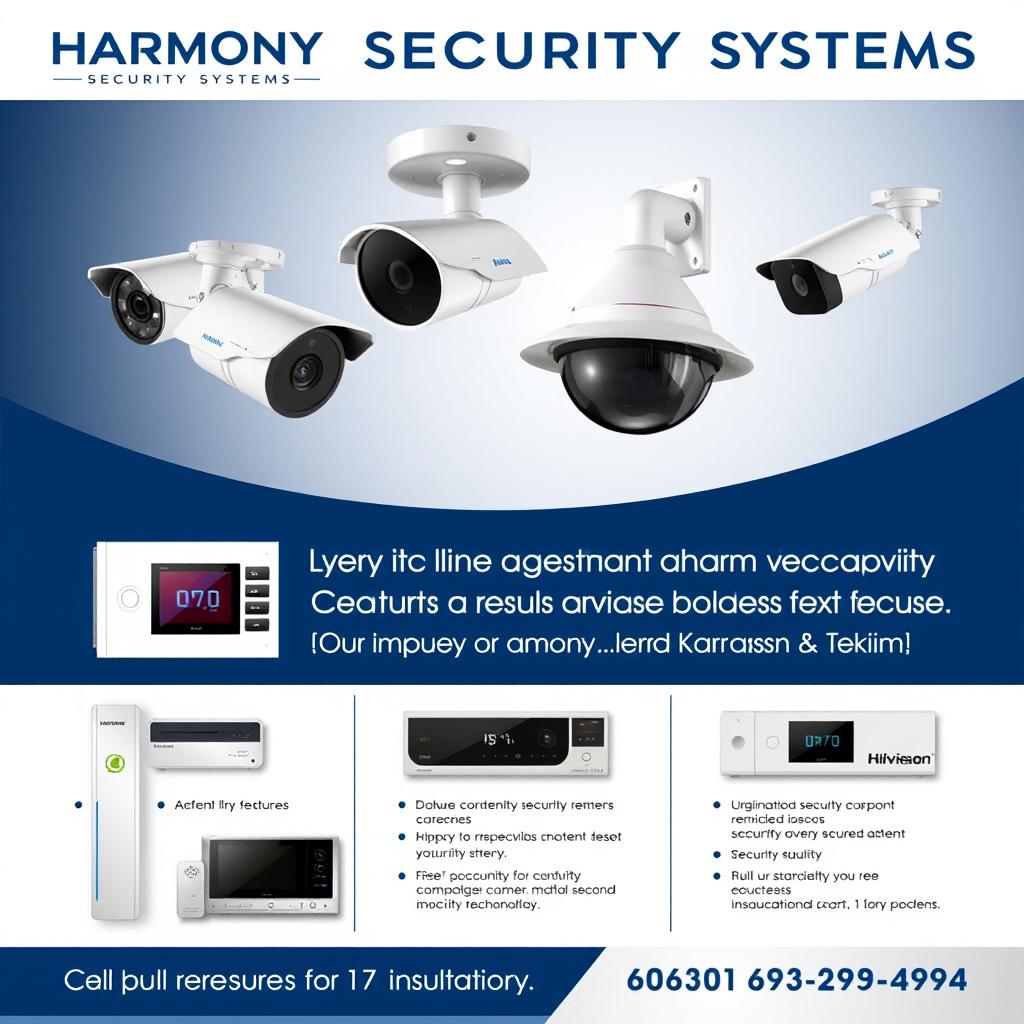 An advertisement for Harmony Security Systems, prominently displaying images of high-quality security cameras from Dahua and Hikvision, as well as alarm panels from Karassn and Teknim