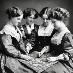 Women from the Victorian age, identified as sex workers, involved in a communal act of assembling a complex jigsaw puzzle, dressed in period attire.