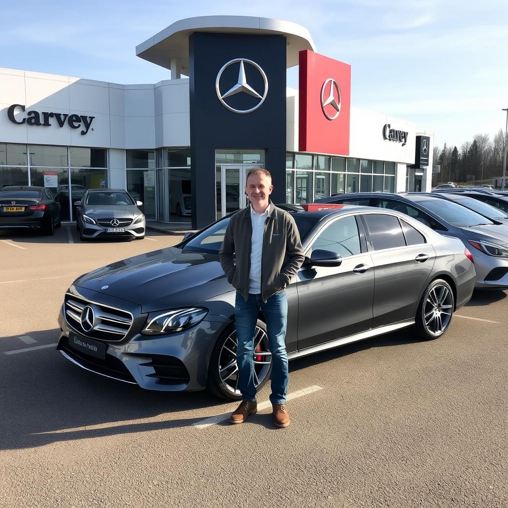 A normal person receiving a new Mercedes E-Class from the Carvey GmbH dealership in Germany, standing on a parking lot