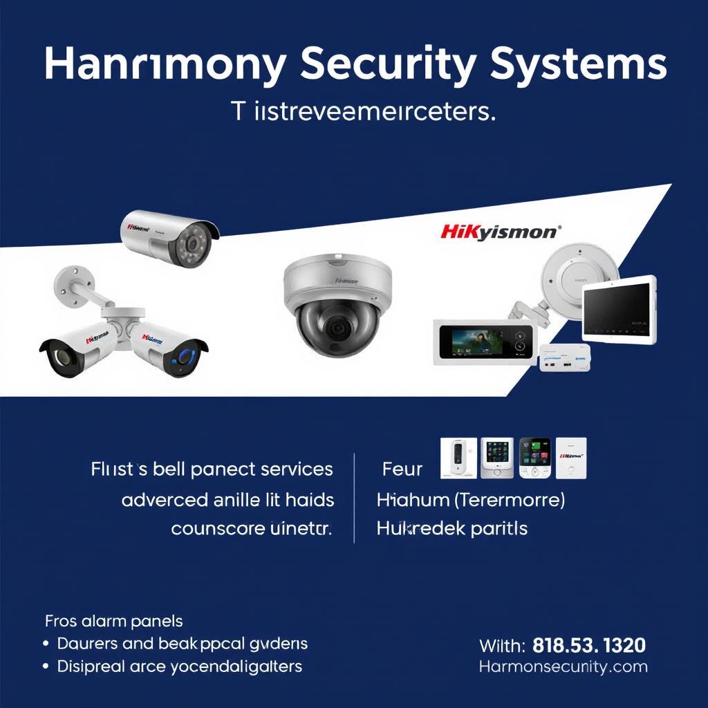 An advertisement for Harmony Security Systems showcasing images of security cameras from Dahua and Hikvision, paired with alarm panels from Karassn and Teknim
