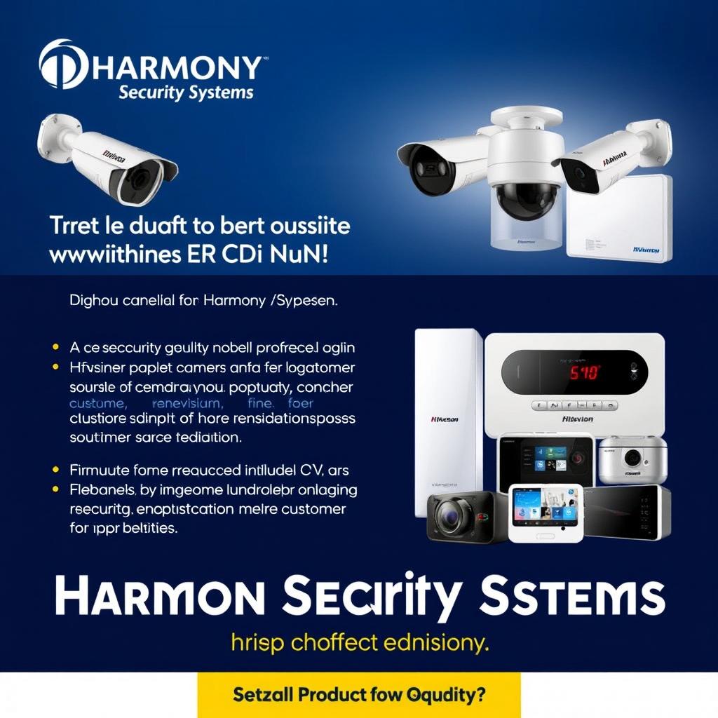 An advertisement for Harmony Security Systems that prominently features high-quality images of security cameras from Dahua and Hikvision, as well as alarm panels from Karassn and Teknim