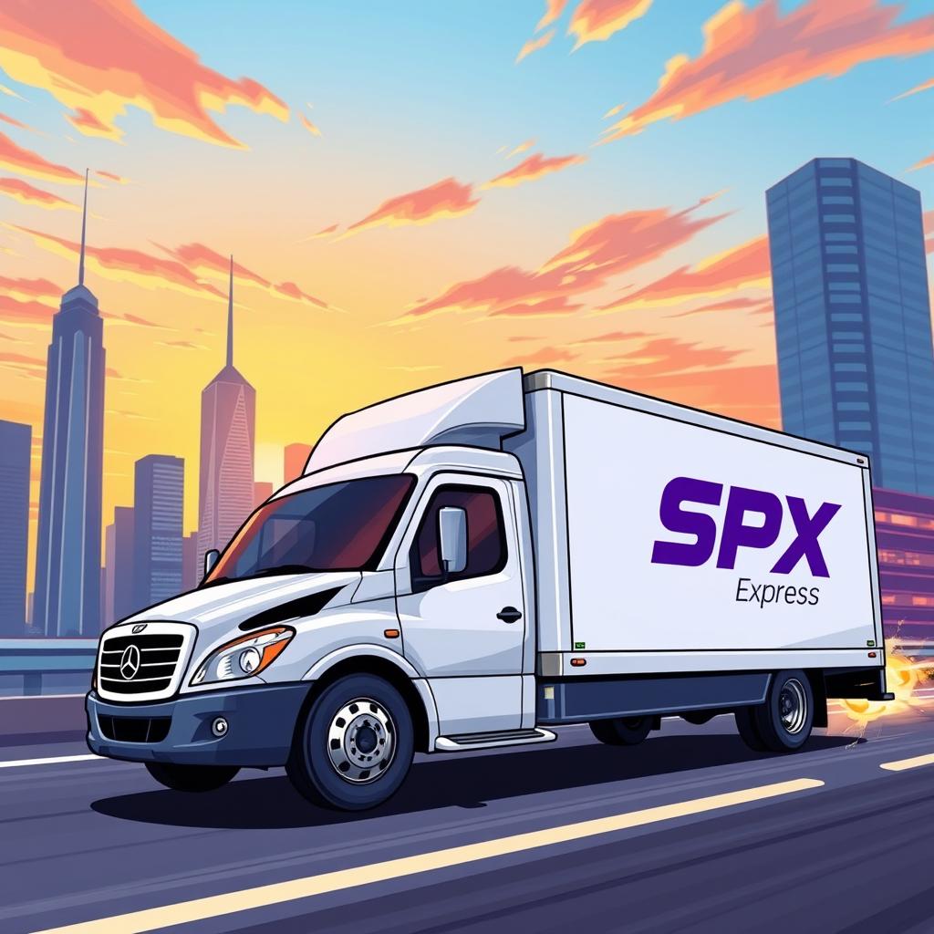 A dynamic illustration of SPX Express, featuring a sleek, modern delivery truck with the SPX logo prominently displayed