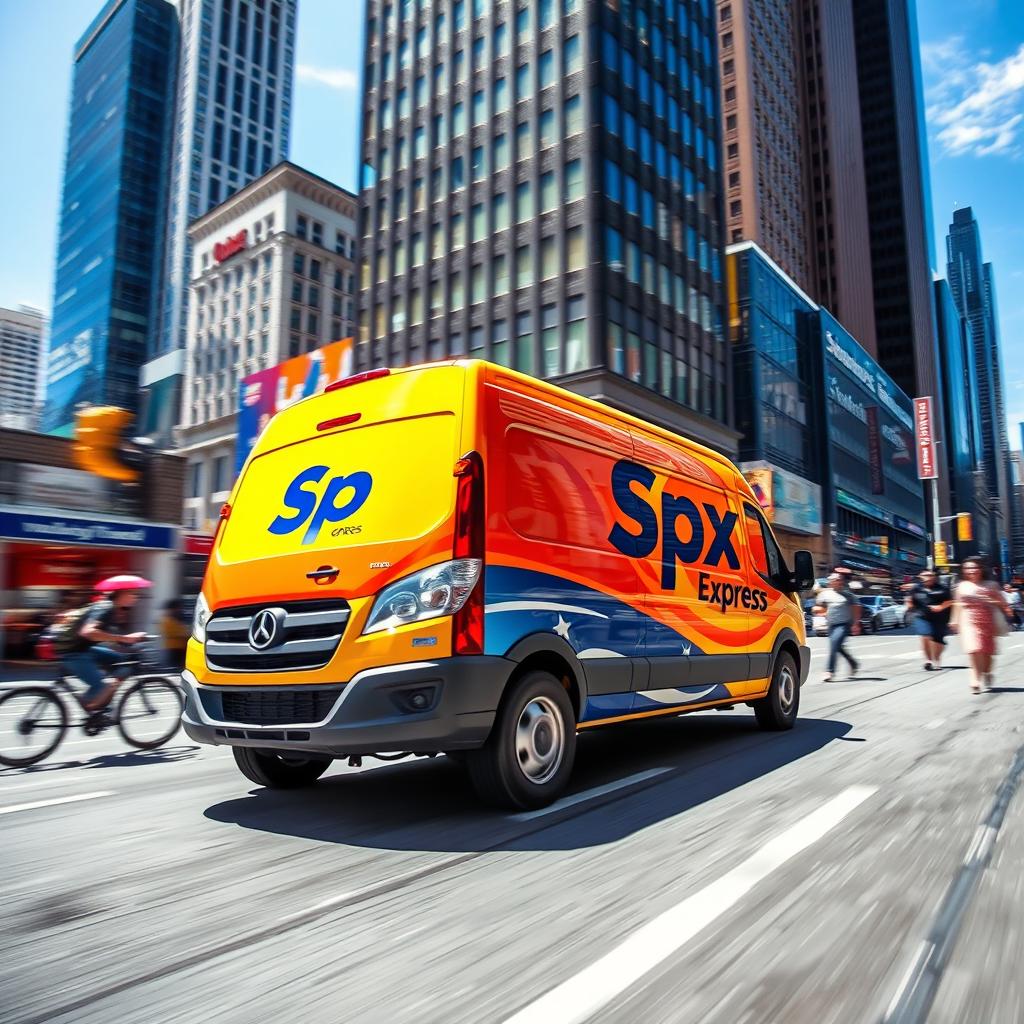 A dynamic and energetic image of an express delivery van speeding through a bustling city street, showcasing a sense of urgency and efficiency