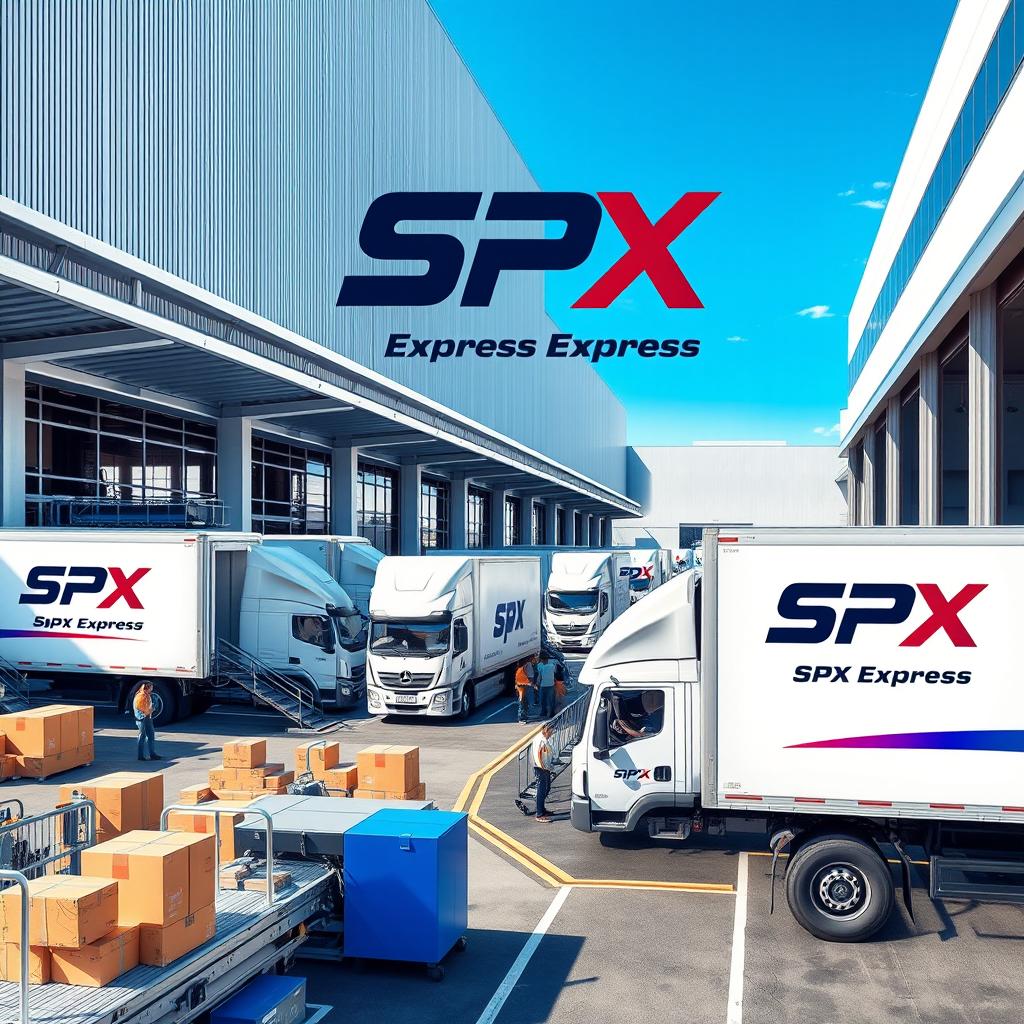 A dynamic and modern logistics center, showcasing a fleet of delivery trucks labeled with a sleek, stylized 'SPX Express' logo