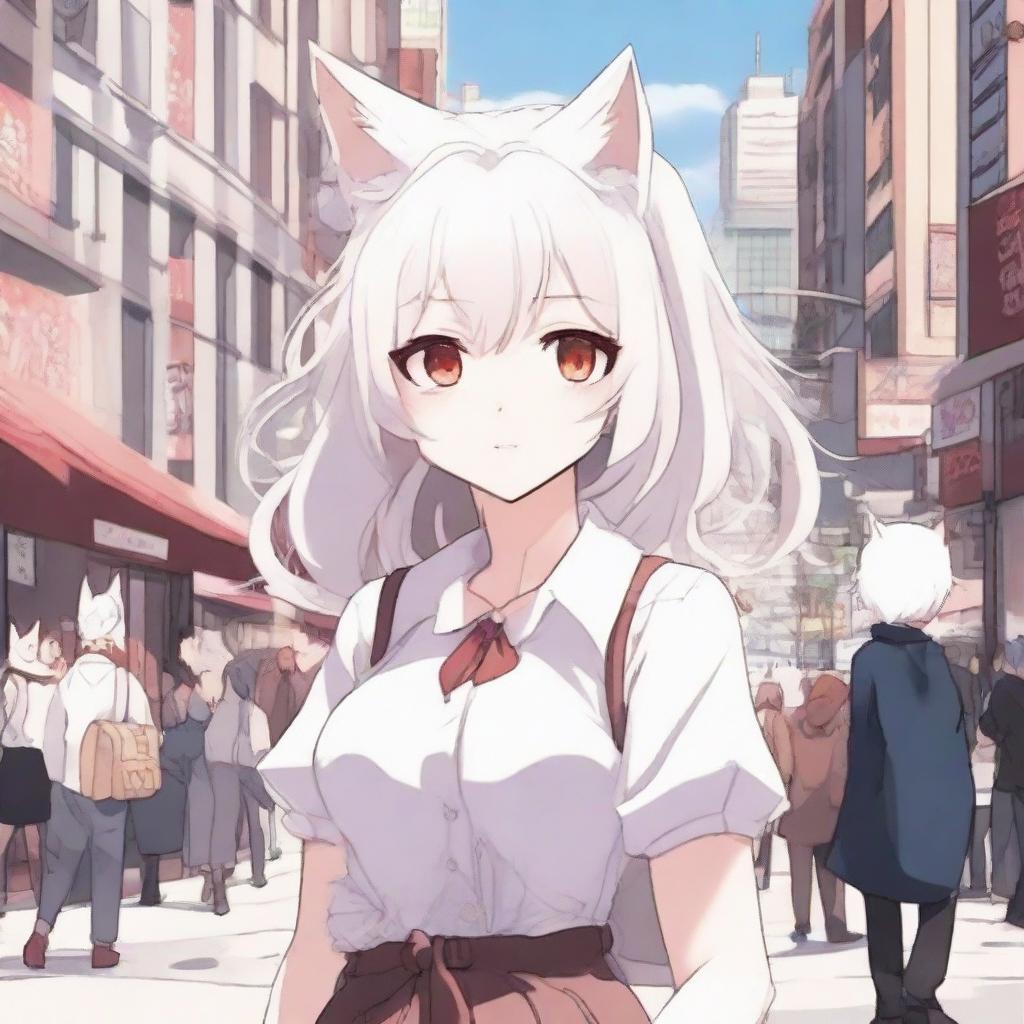 Anime-style artwork of a girl with white hair, white cat ears, a fluffy kitty tail, pale skin, and light red eyes. She is standing amidst a bustling street scene.