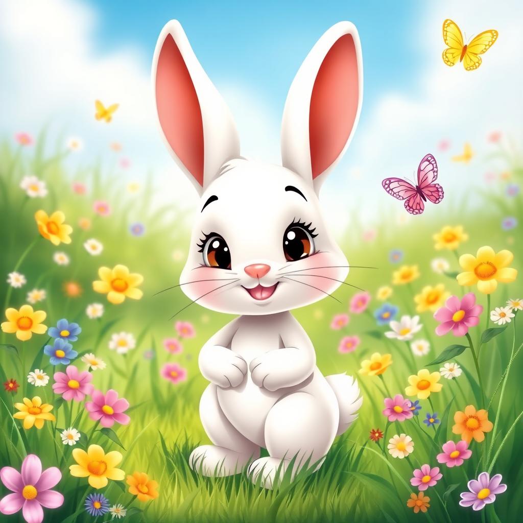 A cute little white rabbit stands happily in a vibrant green meadow, surrounded by colorful wildflowers and soft grass