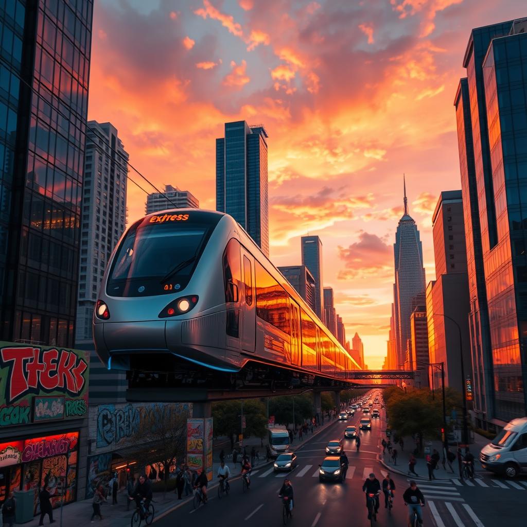A vibrant and dynamic scene depicting an elevated view of an urban express train gliding through a cityscape at sunset