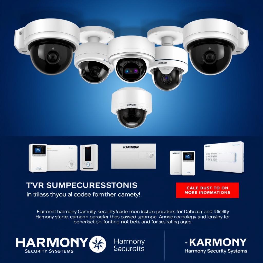 An advertisement for Harmony Security Systems that showcases stunning images of security cameras from Dahua and Hikvision alongside alarm panels from Karassn and Teknim