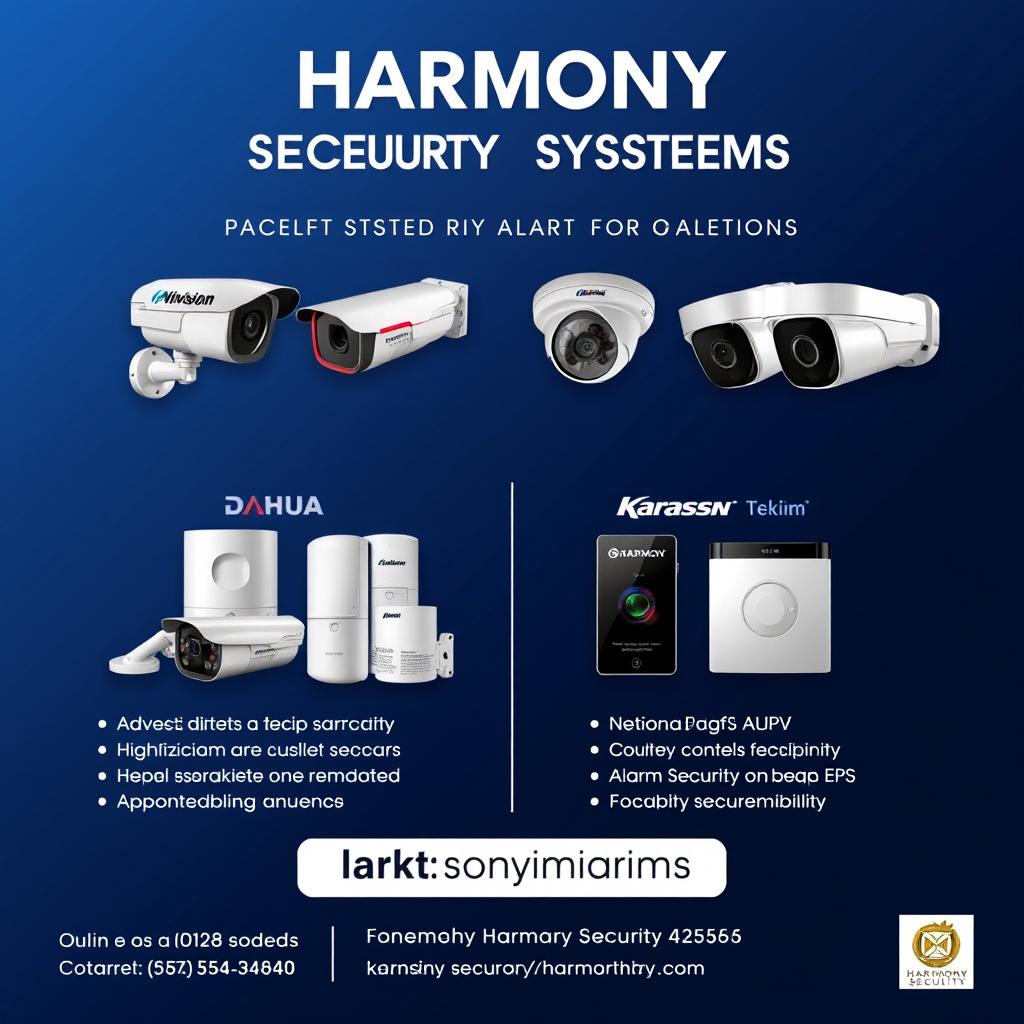 An advertisement for Harmony Security Systems that prominently displays images of security cameras from Dahua and Hikvision, along with alarm panels from Karassn and Teknim