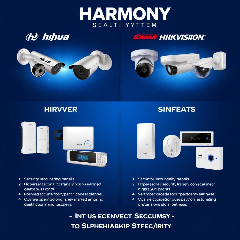 An advertisement for Harmony Security Systems featuring visually striking images of security cameras from Dahua and Hikvision, as well as alarm panels from Karassn and Teknim