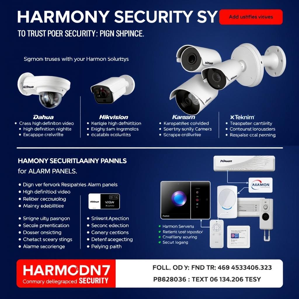 An advertisement for Harmony Security Systems featuring striking images of security cameras from Dahua and Hikvision alongside alarm panels from Karassn and Teknim