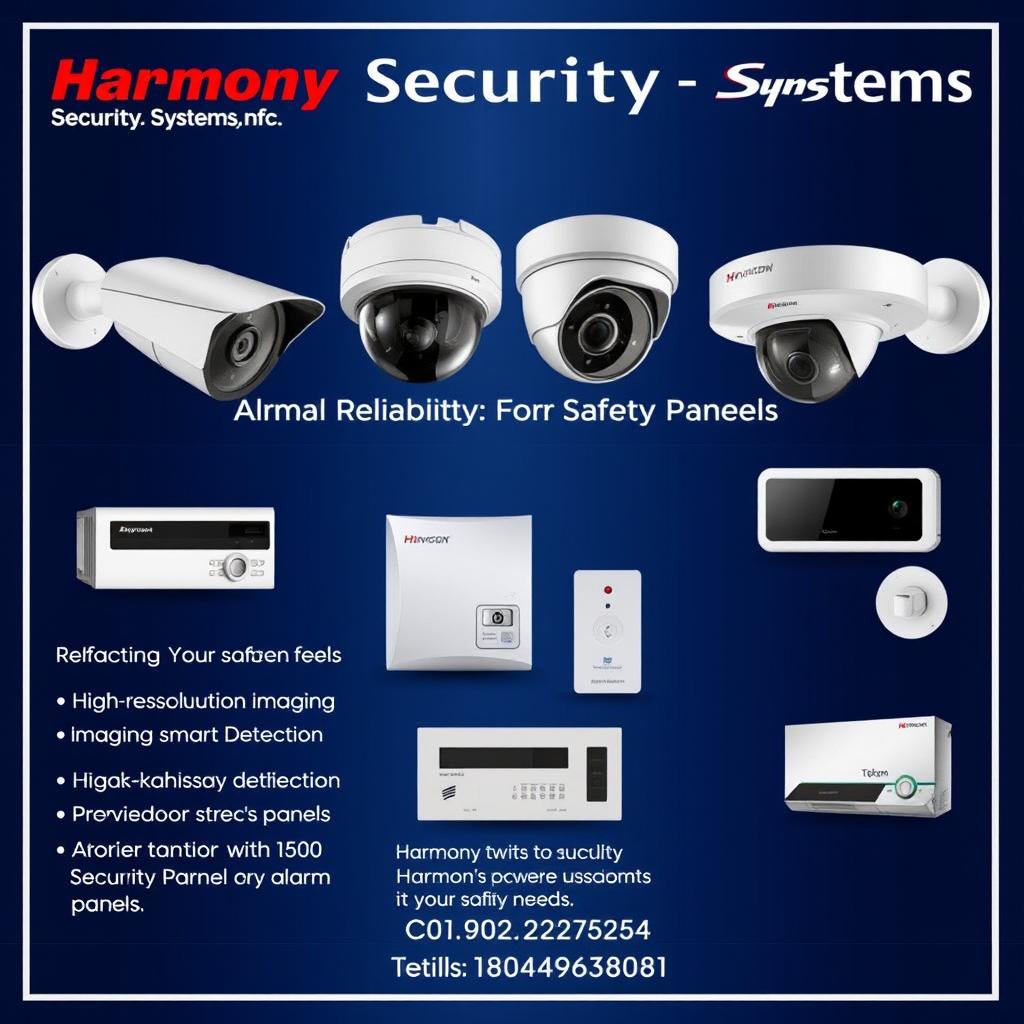An advertisement for Harmony Security Systems featuring eye-catching images of security cameras from Dahua and Hikvision, alongside alarm panels from Karassn and Teknim