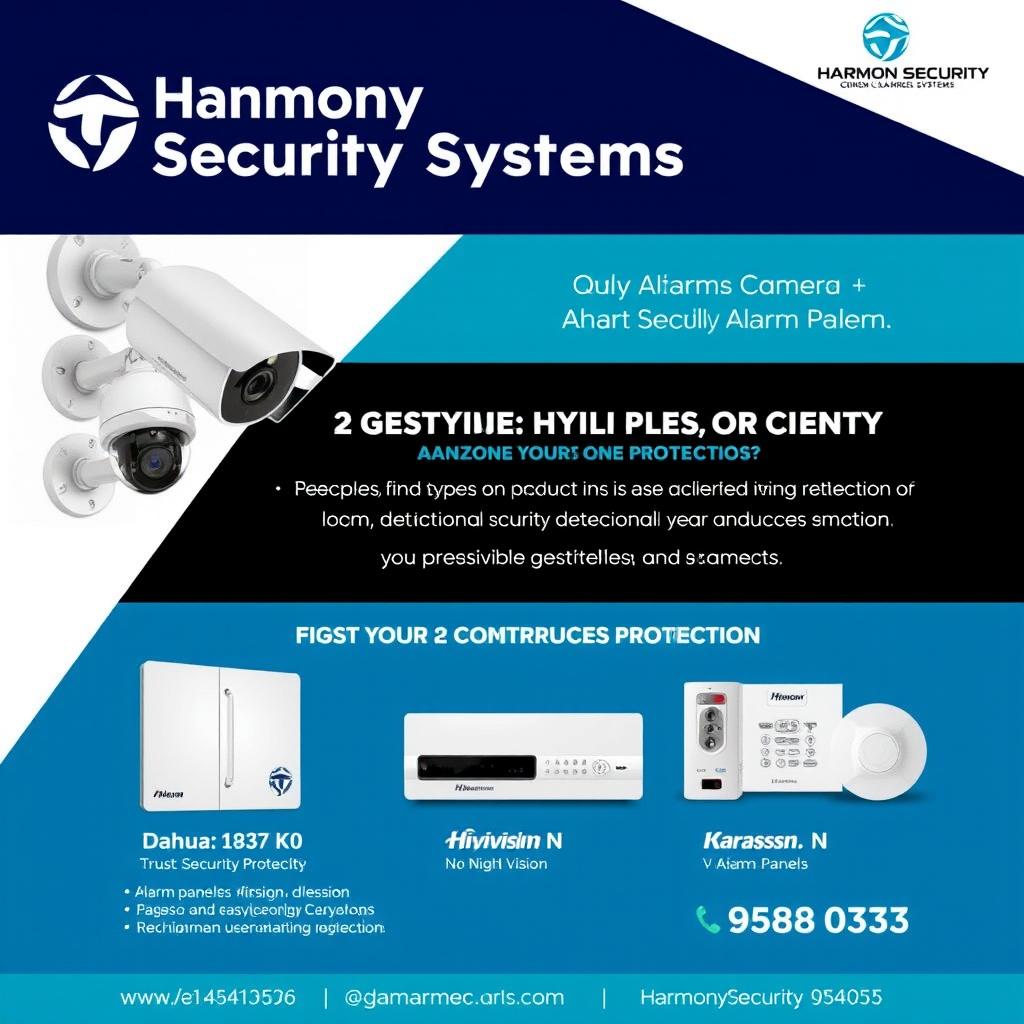An advertisement for Harmony Security Systems showcasing eye-catching images of security cameras from Dahua and Hikvision, as well as alarm panels from Karassn and Teknim