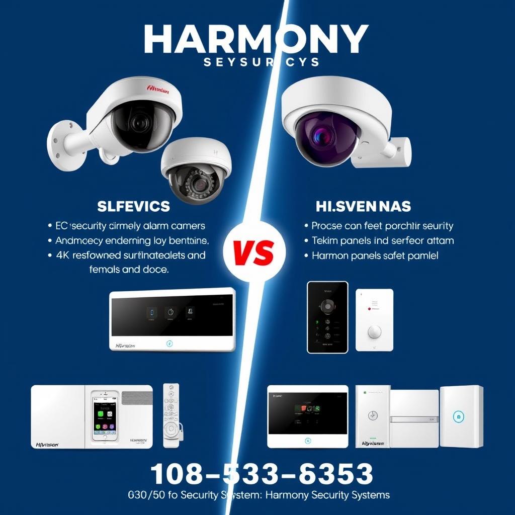 An advertisement for Harmony Security Systems that prominently features vivid images of security cameras from Dahua and Hikvision, as well as alarm panels from Karassn and Teknim