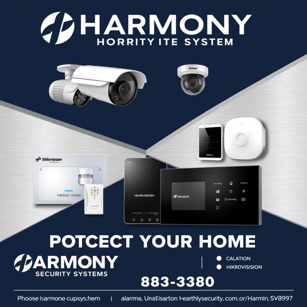 An advertisement for Harmony Security Systems that features striking images of security cameras from Dahua and Hikvision, as well as alarm panels from Karassn and Teknim