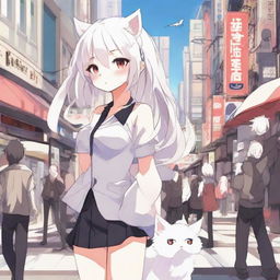 Anime-style artwork of a girl with white hair, white cat ears, a fluffy kitty tail, pale skin, and light red eyes. She is standing amidst a bustling street scene.