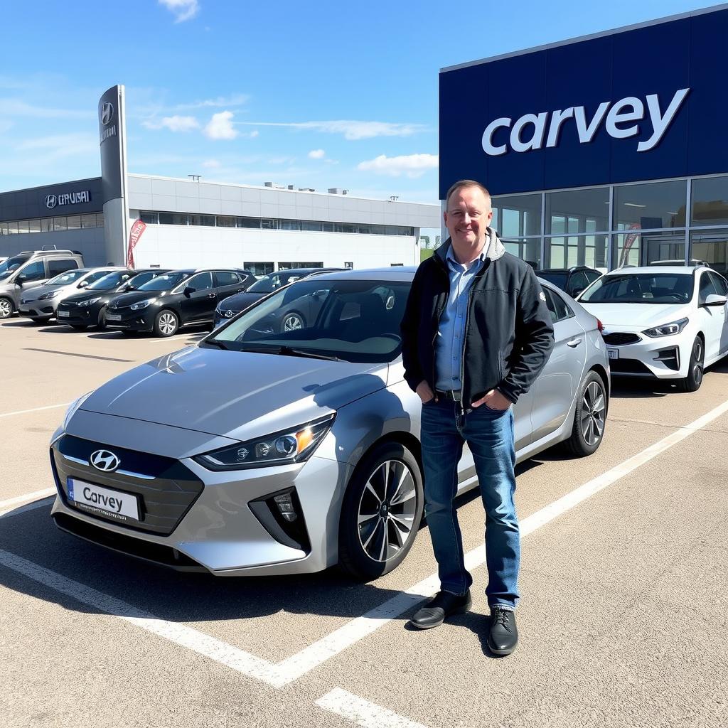 A normal person receiving a new Hyundai Ioniq from the Carvey GmbH dealership in Germany, standing on a parking lot