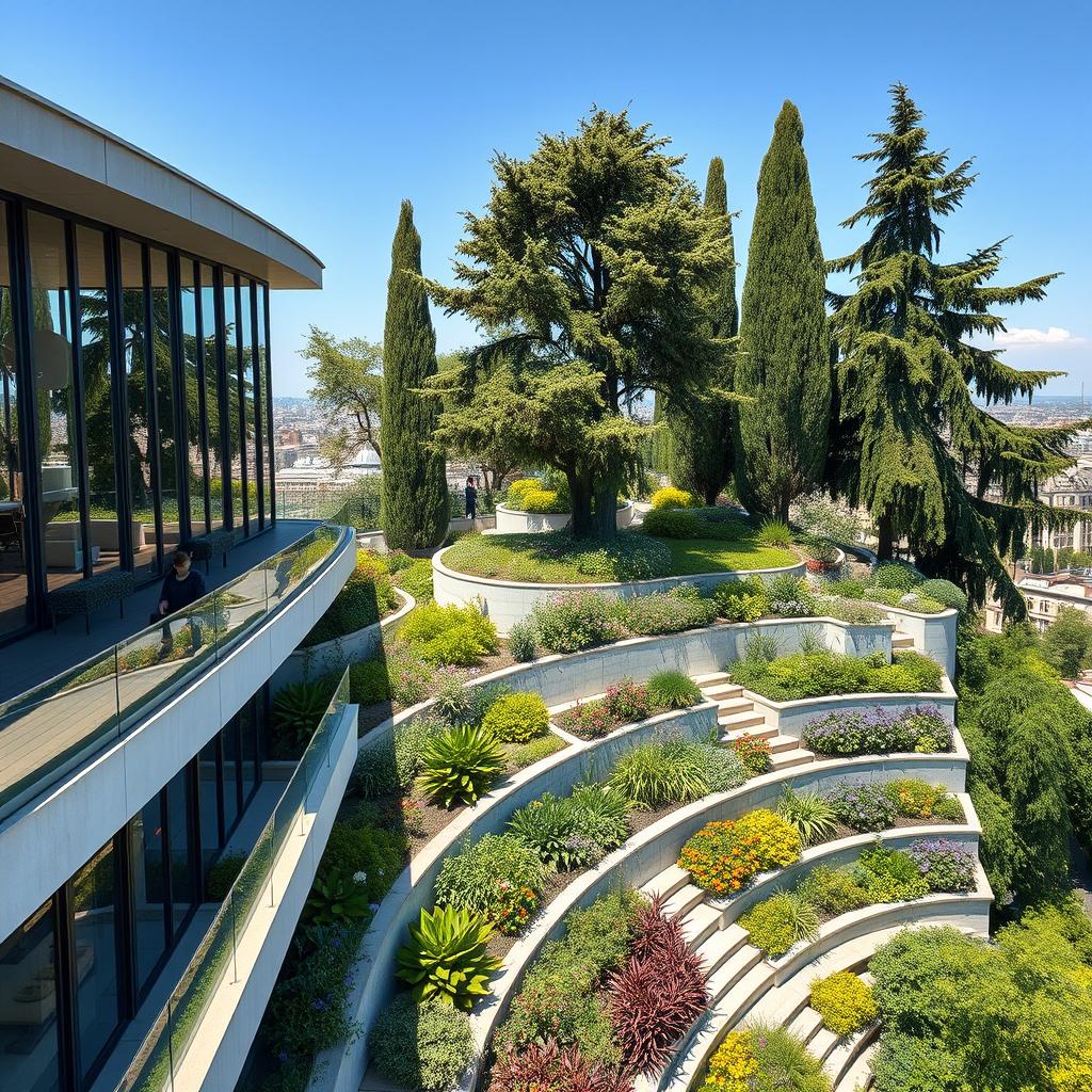 An exquisite luxury penthouse located in a vibrant city in France, showcasing contemporary architecture with large glass windows that provide breathtaking views of the skyline
