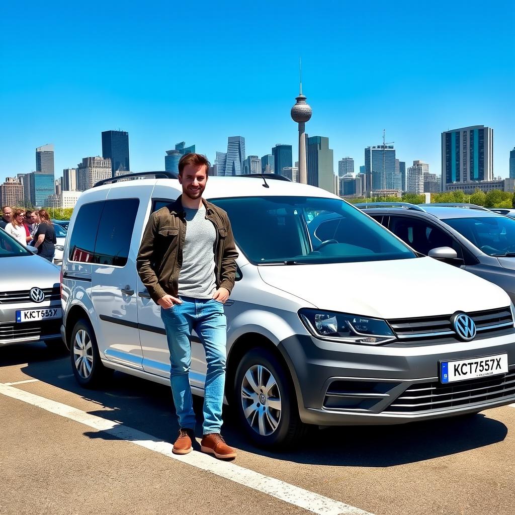 A regular person happily receiving a brand new VW Caddy in a lively parking lot in Berlin