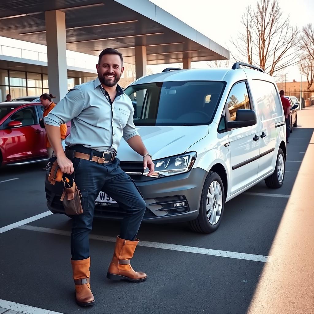 A skilled craftsman happily receiving a brand new VW Caddy in a convenient parking lot, with a hint of an urban environment but not explicitly recognizable as Berlin