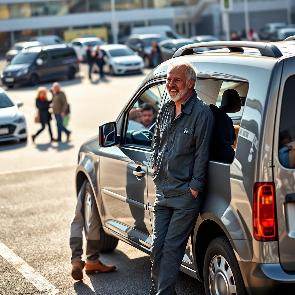 A skilled craftsman, dressed in practical work attire, joyfully receiving a new VW Caddy in a bustling parking lot that has subtle hints of an urban environment, without explicitly showcasing Berlin