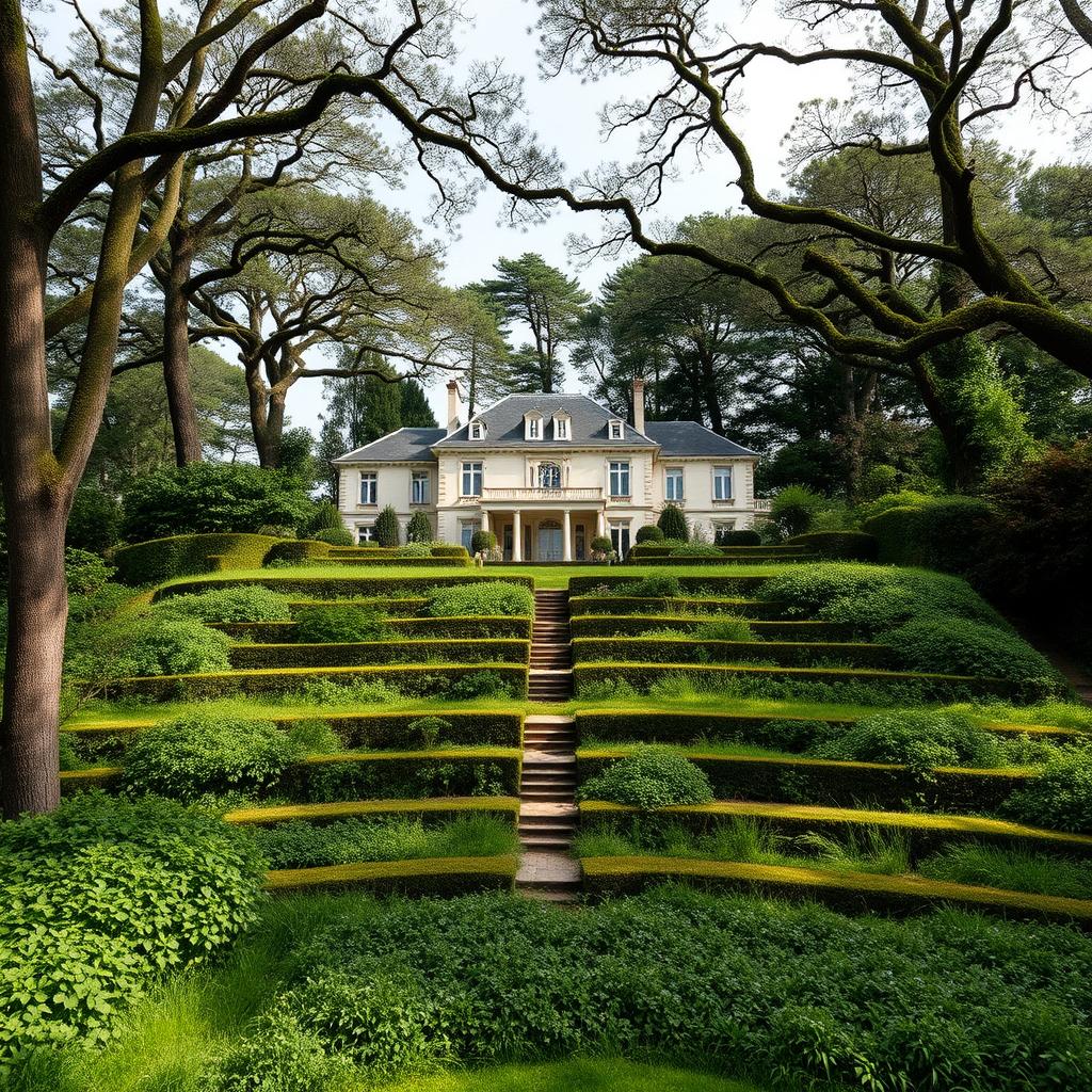A striking luxury house set in the French countryside, distinguished by its grand architecture and sophisticated design