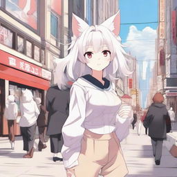 Anime-style artwork of a girl with white hair, white cat ears, a fluffy kitty tail, pale skin, and light red eyes. She is standing amidst a bustling street scene.