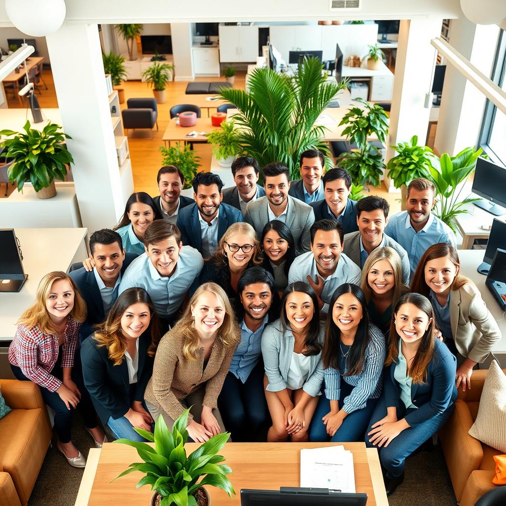 A vibrant office scene featuring 10-15 cheerful professionals posing for a corporate 'About Us' photo