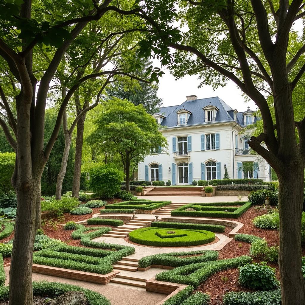 An elegant luxury house nestled in the picturesque French countryside, showcasing beautiful architecture with a refined exterior