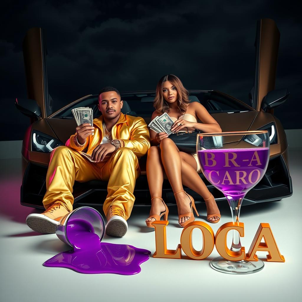 An urban studio-style image featuring a couple sitting in the front of a Lamborghini