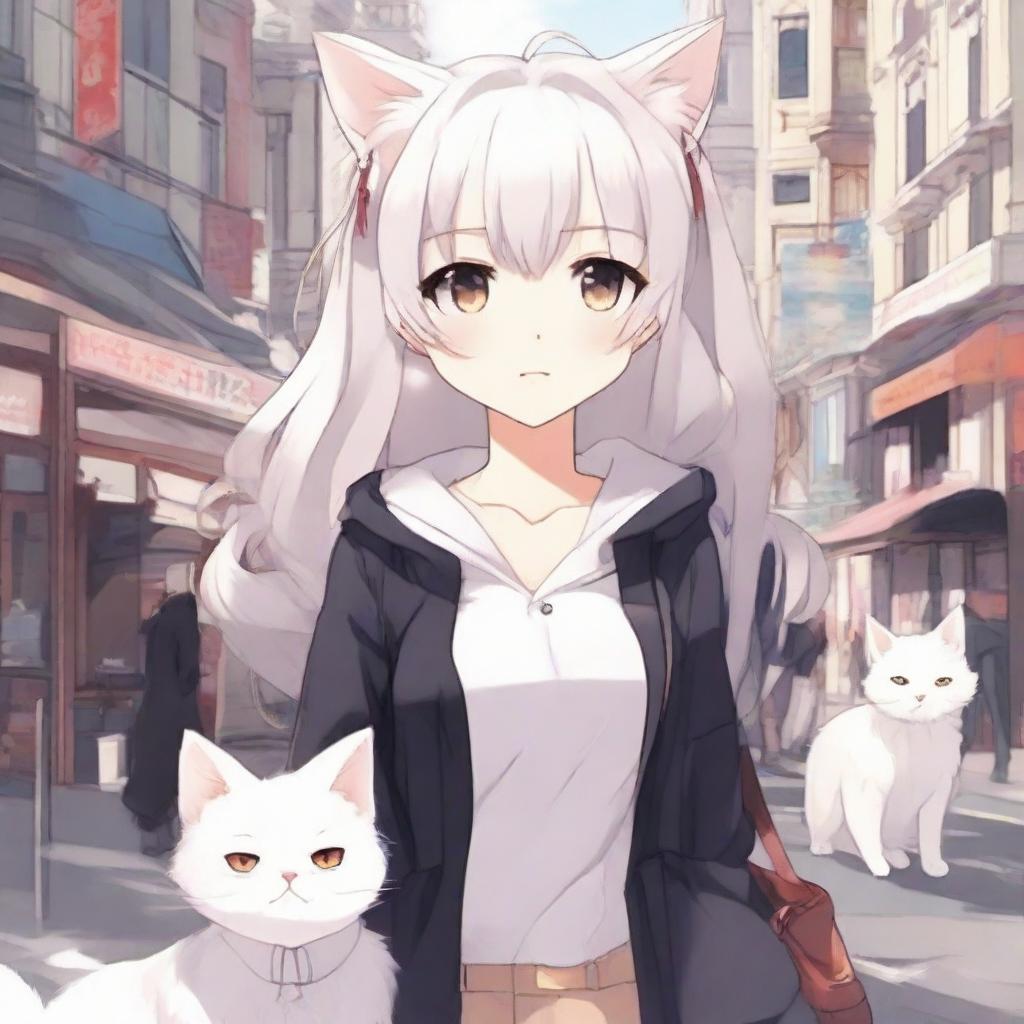 Anime-style artwork of a girl with white hair, white cat ears, a fluffy kitty tail, pale skin, and light red eyes. She is standing amidst a bustling street scene.