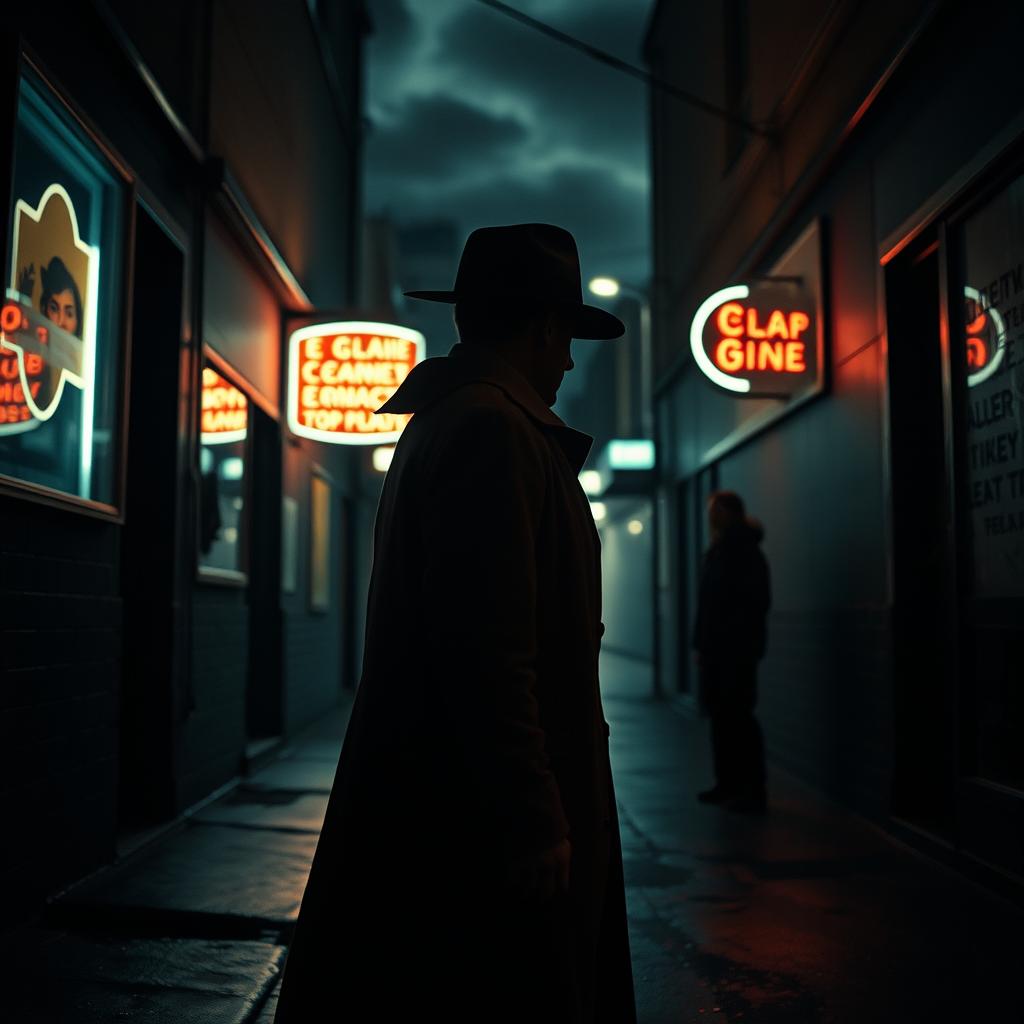 A tense and suspenseful scene from a thriller movie, featuring a mysterious figure lurking in the shadows of an eerie, dimly lit alleyway