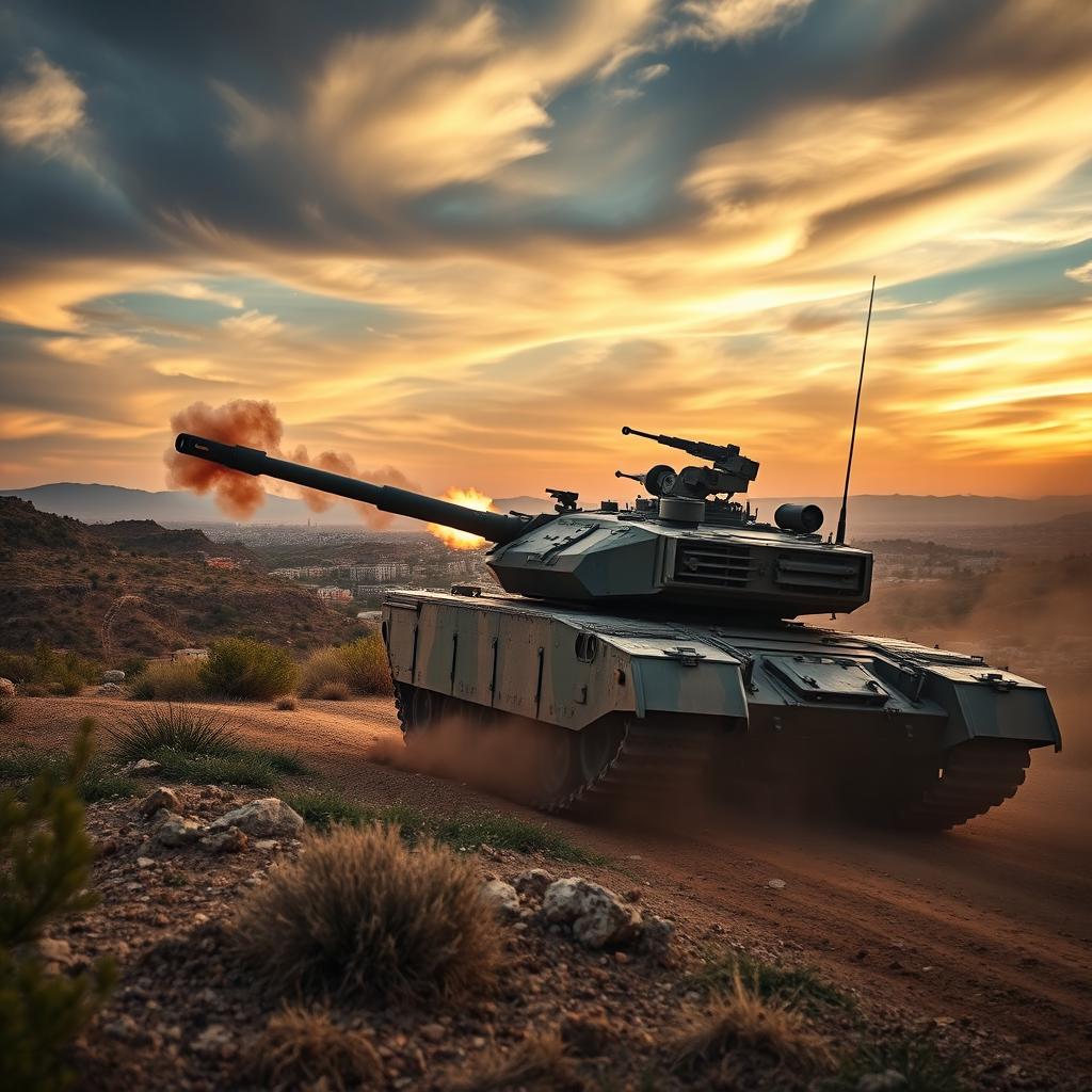 A dynamic scene portraying a Merkaz tank engaged in a military operation, firing its cannon towards a distant target in southern Lebanon