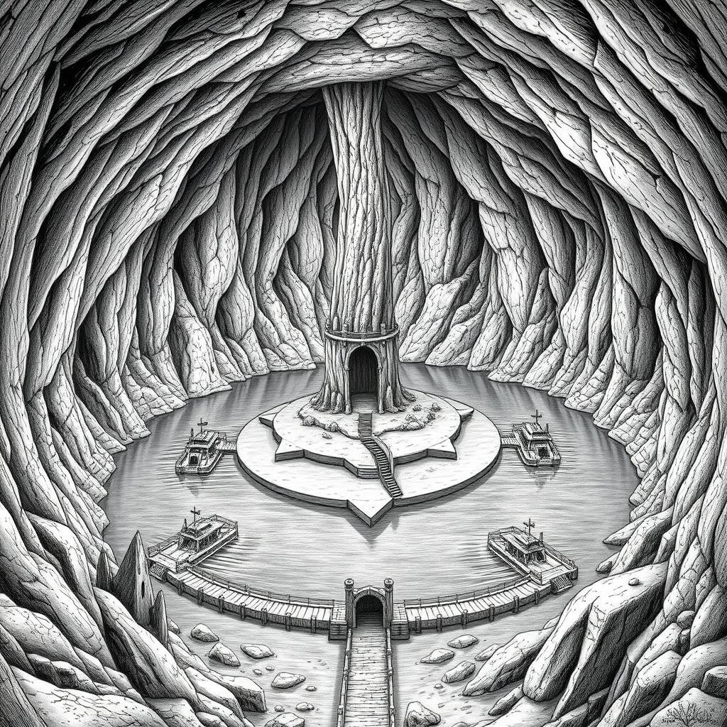 A detailed black and white drawing of a gigantic cavern featuring a very large central underground lake