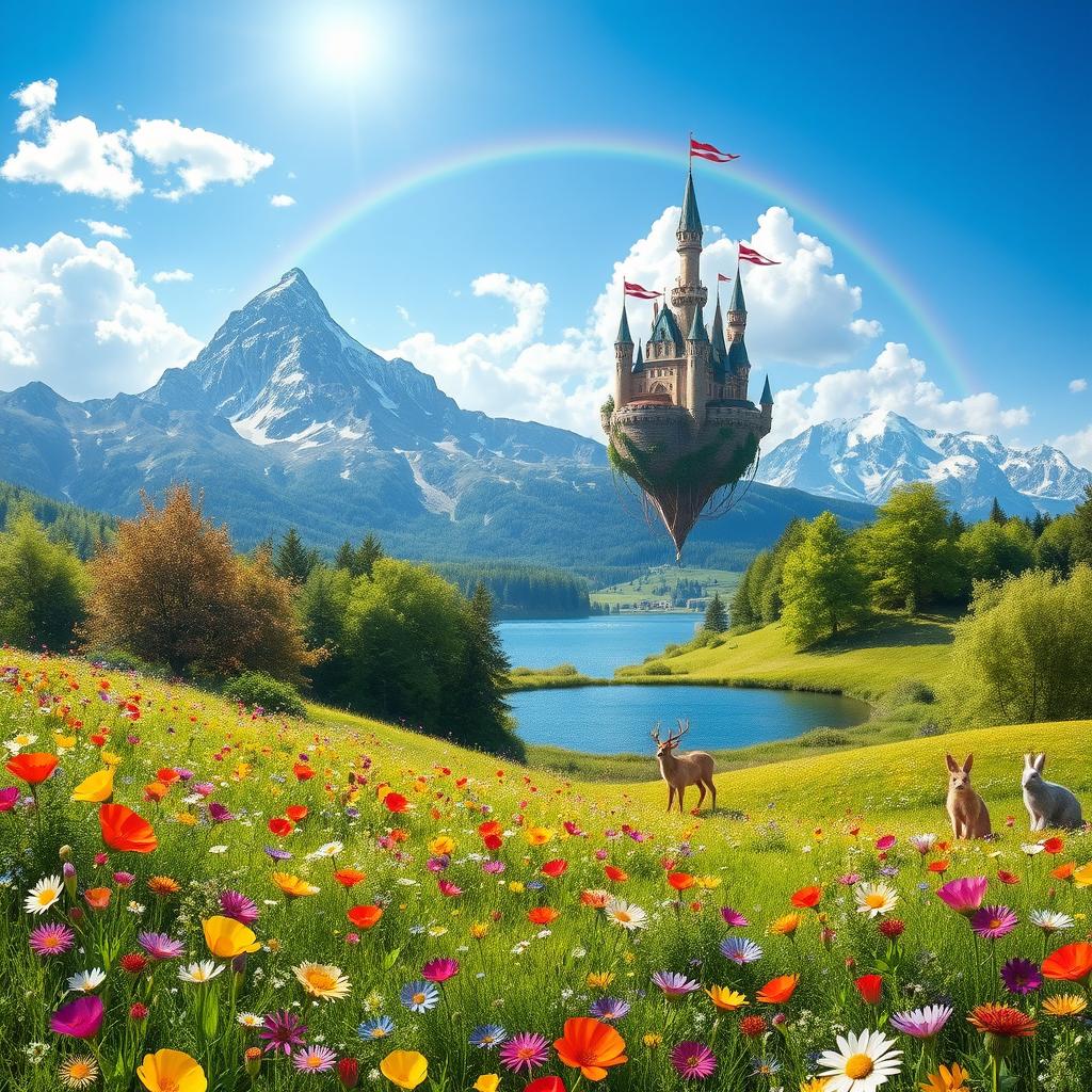 A whimsical fantasy landscape featuring a vibrant meadow filled with colorful wildflowers under a bright blue sky