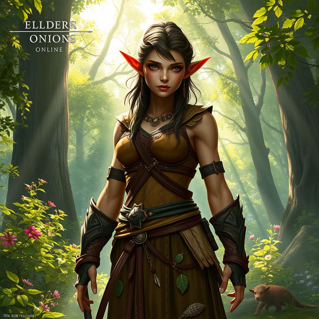 A detailed portrayal of a wood elf character from Elder Scrolls Online, wearing the Wood Elf Vanguard costume