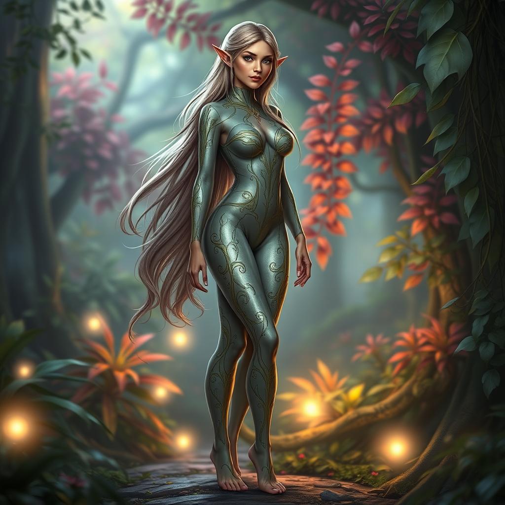 A beautiful female elf with pointed ears and flowing long hair, barefoot and wearing a tight-fitting, sleek suit that accentuates her graceful figure