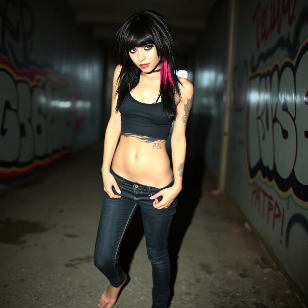 An emo girl with striking features, wearing skinny jeans and barefoot